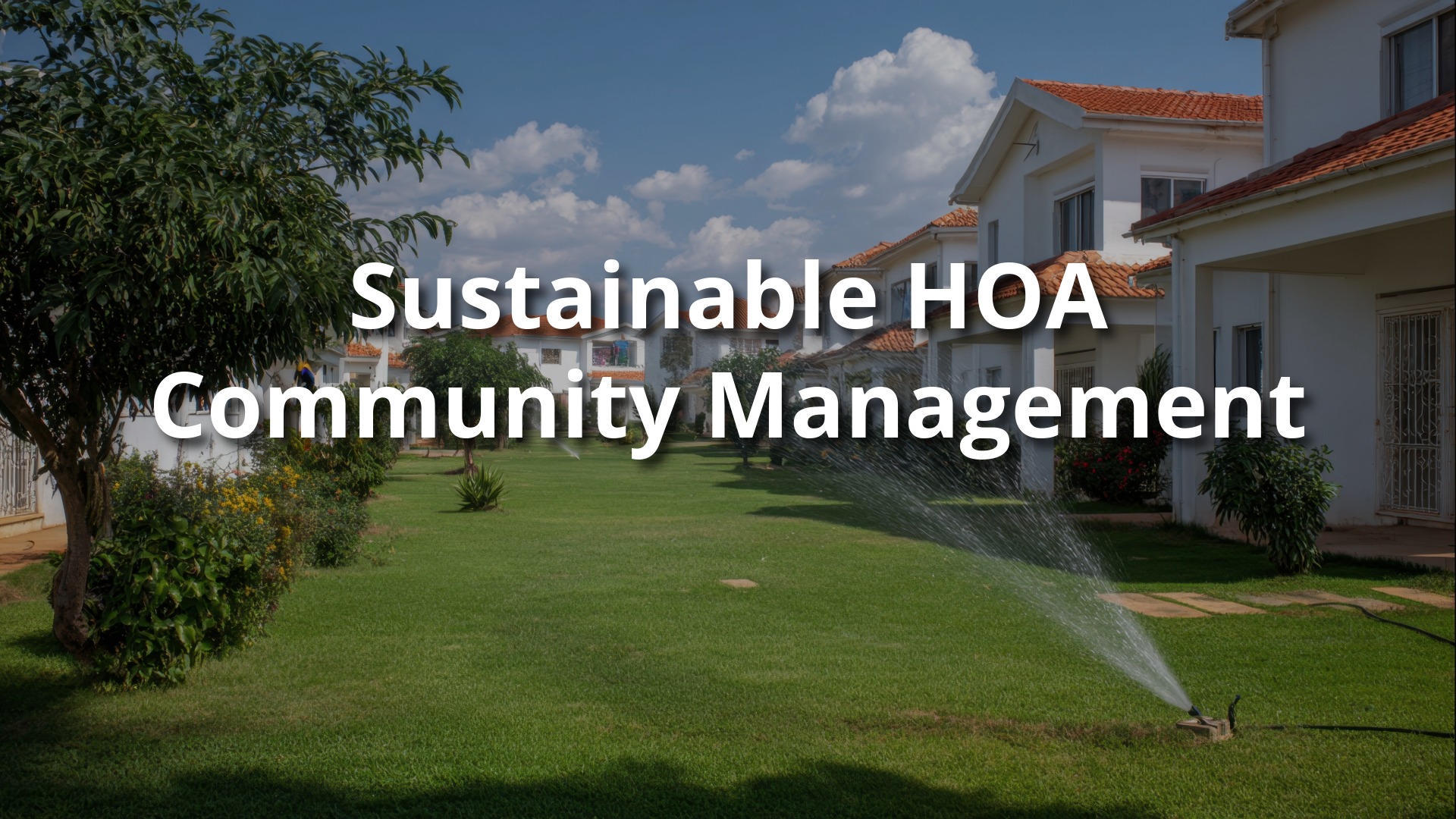 Row of HOA community homes with red tile roofs, green lawns, and sprinklers watering the landscape, representing sustainable HOA community management.