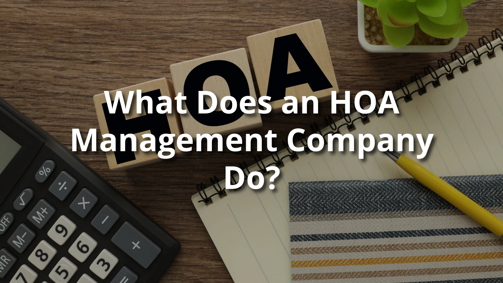 Wooden blocks spell "HOA" beside a calculator and notebook on a wooden desk. A succulent plant adds a touch of green. Text reads, "What Does an HOA Management Company Do?"