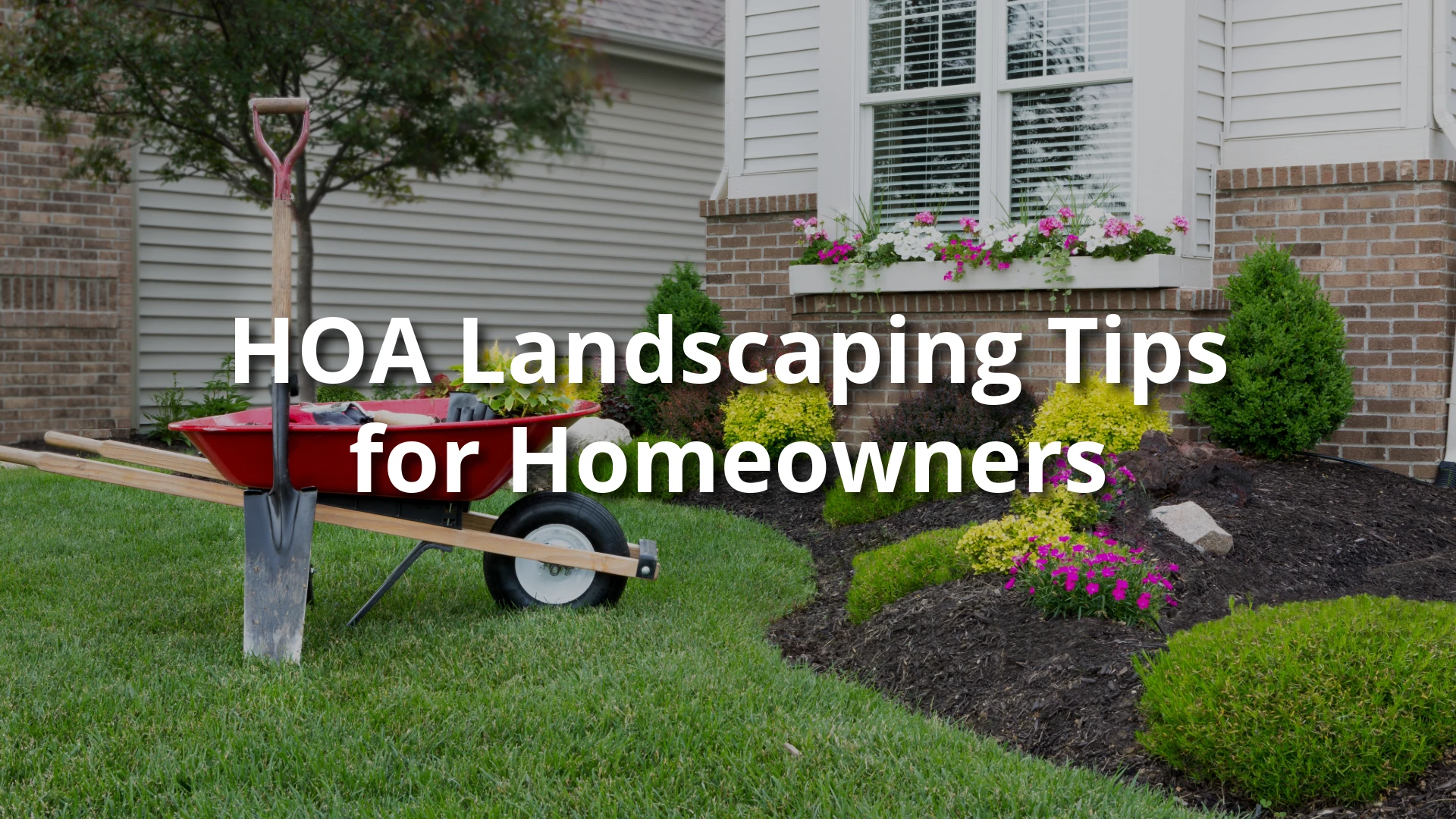 Front yard with flower beds, a red wheelbarrow and shovel, overlaid text: ‘HOA Landscaping Tips for Homeowners.